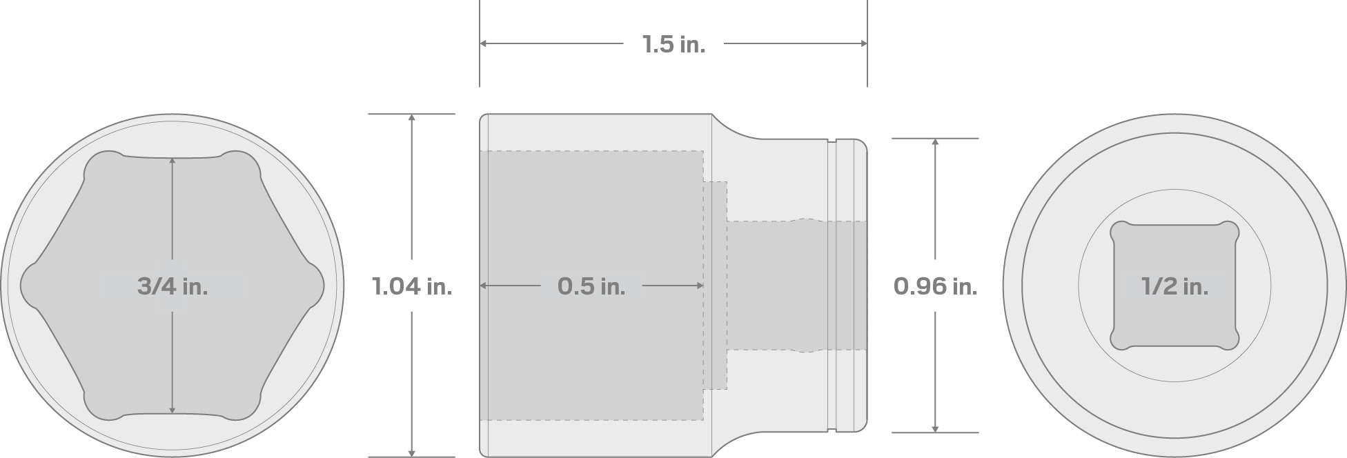 Specs for 1/2 Inch Drive x 3/4 Inch 6-Point Socket