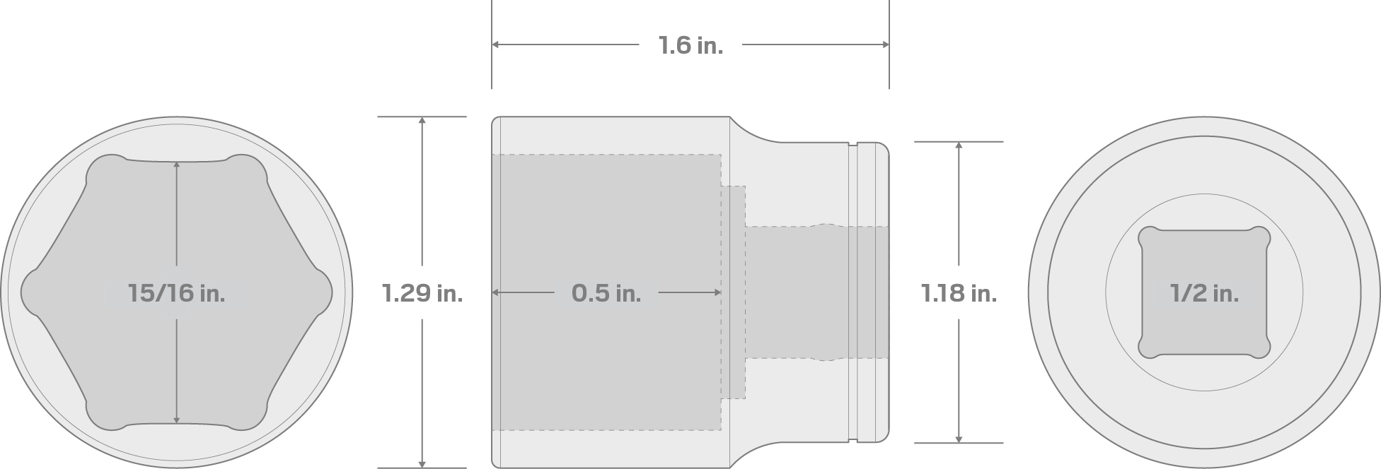 Specs for 1/2 Inch Drive x 15/16 Inch 6-Point Socket