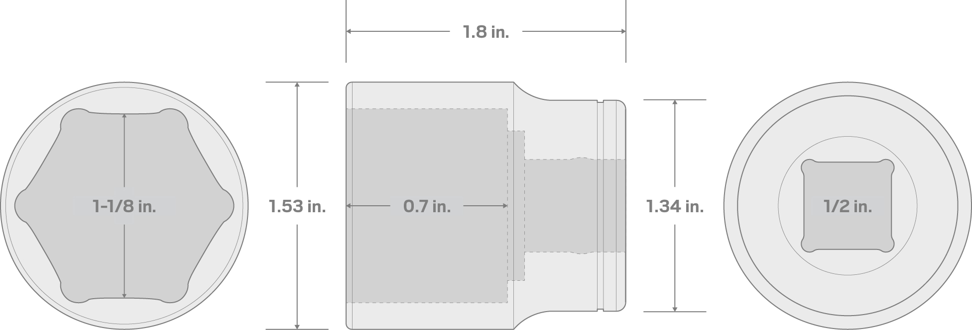 Specs for 1/2 Inch Drive x 1-1/8 Inch 6-Point Socket