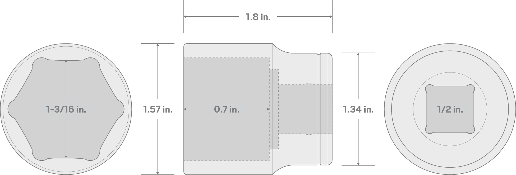 Specs for 1/2 Inch Drive x 1-3/16 Inch 6-Point Socket