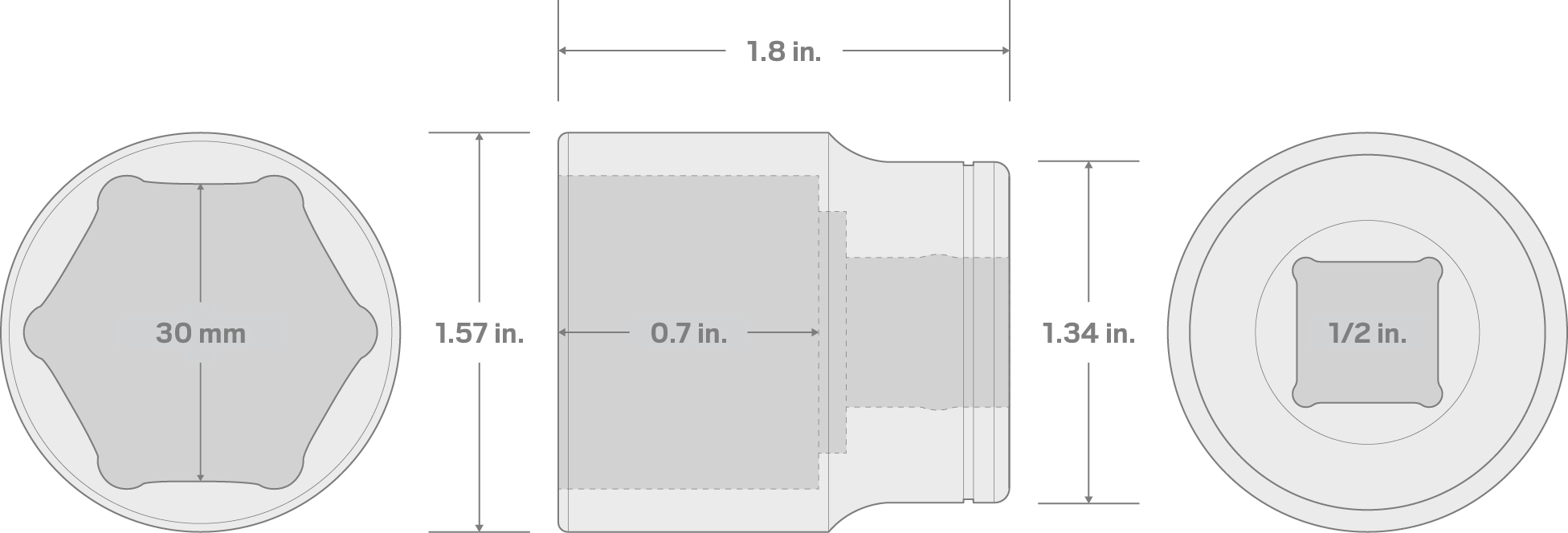 Specs for 1/2 Inch Drive x 30 mm 6-Point Socket