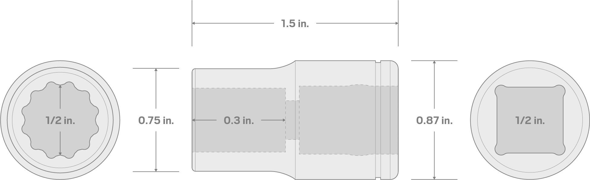 Specs for 1/2 Inch Drive x 1/2 Inch 12-Point Socket