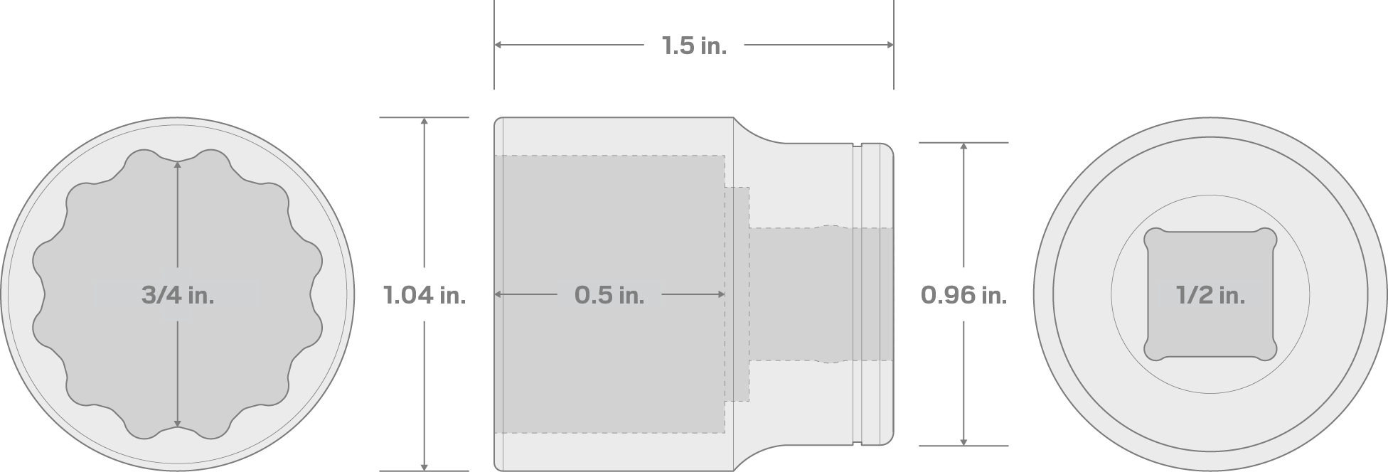 Specs for 1/2 Inch Drive x 3/4 Inch 12-Point Socket