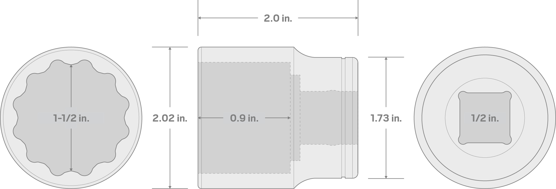 Specs for 1/2 Inch Drive x 1-1/2 Inch 12-Point Socket