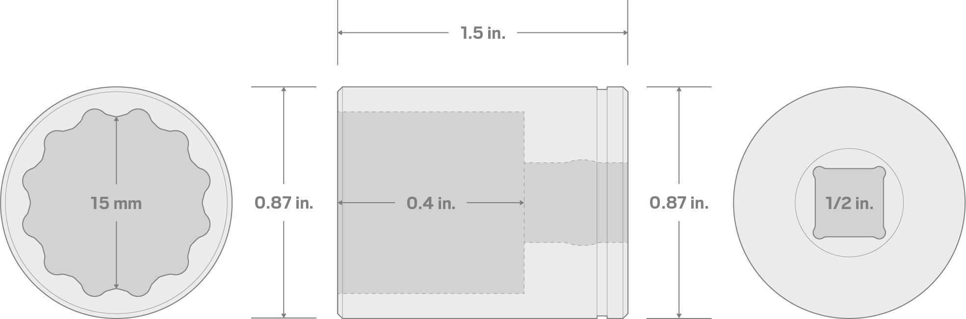 Specs for 1/2 Inch Drive x 15 mm 12-Point Socket