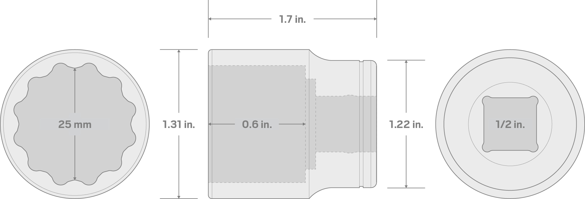 Specs for 1/2 Inch Drive x 25 mm 12-Point Socket