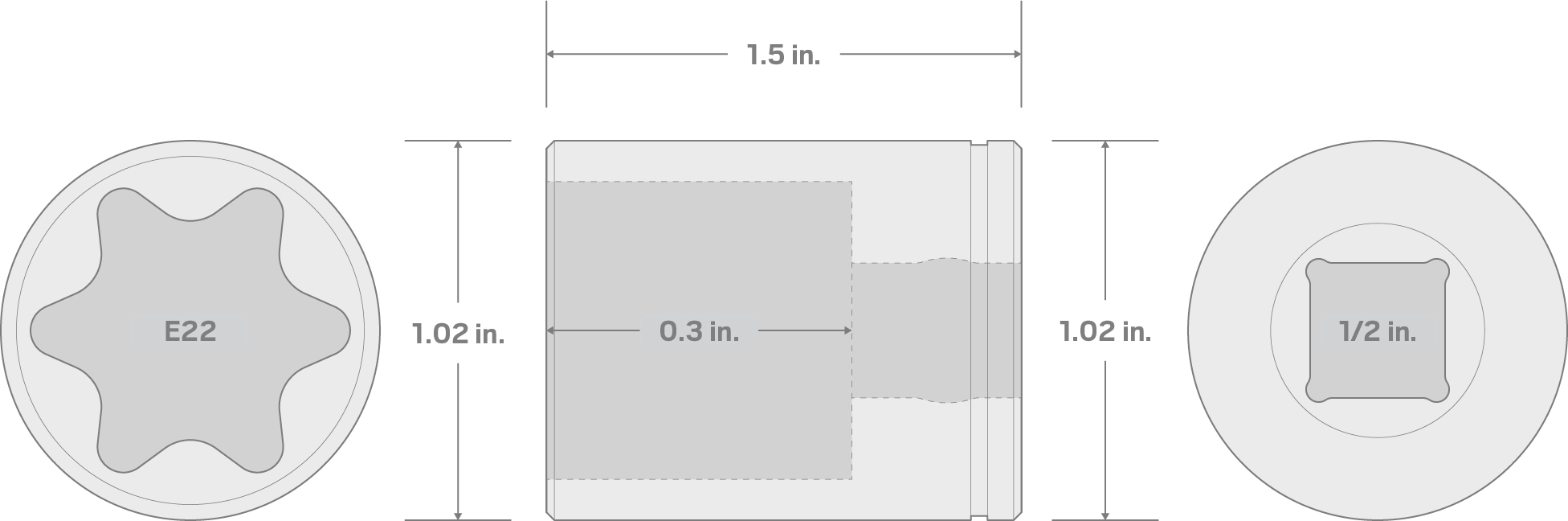 Specs for 1/2 Inch Drive x E22 External Star Socket