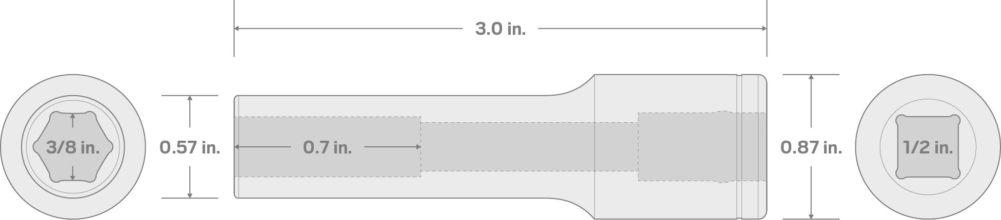 Specs for 1/2 Inch Drive x 3/8 Inch Deep 6-Point Socket