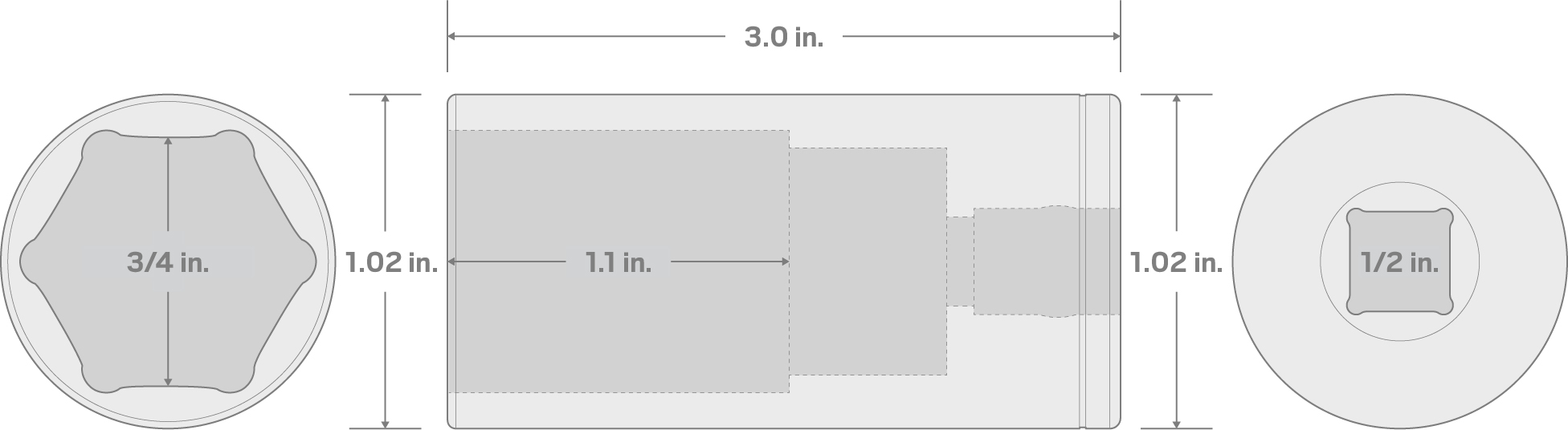 Specs for 1/2 Inch Drive x 3/4 Inch Deep 6-Point Socket