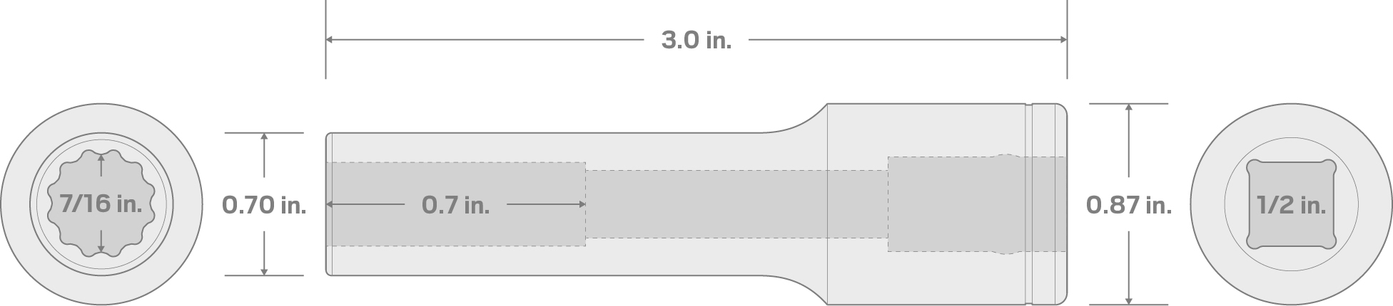 Specs for 1/2 Inch Drive x 7/16 Inch Deep 12-Point Socket