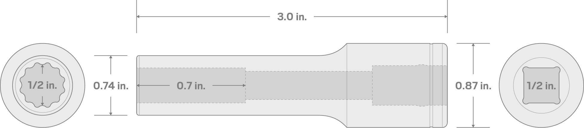 Specs for 1/2 Inch Drive x 1/2 Inch Deep 12-Point Socket