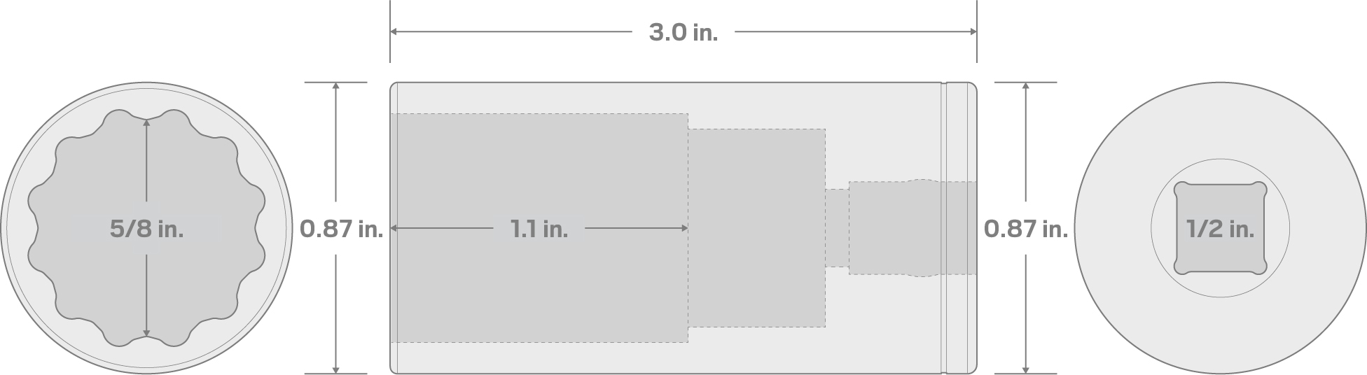 Specs for 1/2 Inch Drive x 5/8 Inch Deep 12-Point Socket