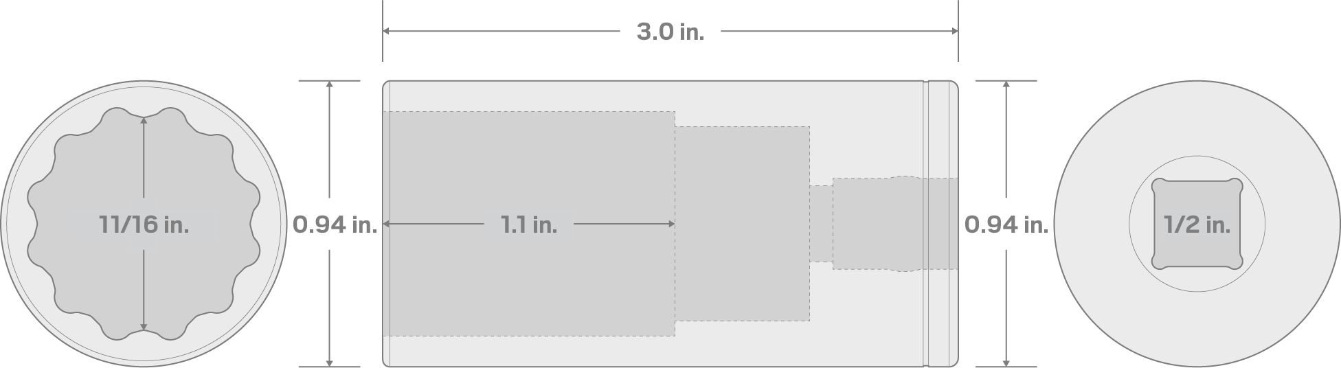 Specs for 1/2 Inch Drive x 11/16 Inch Deep 12-Point Socket