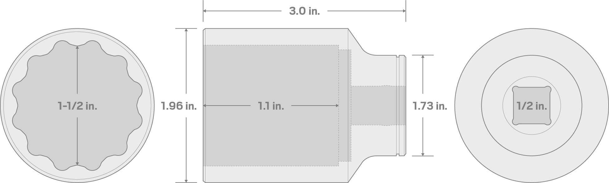 Specs for 1/2 Inch Drive x 1-1/2 Inch Deep 12-Point Socket