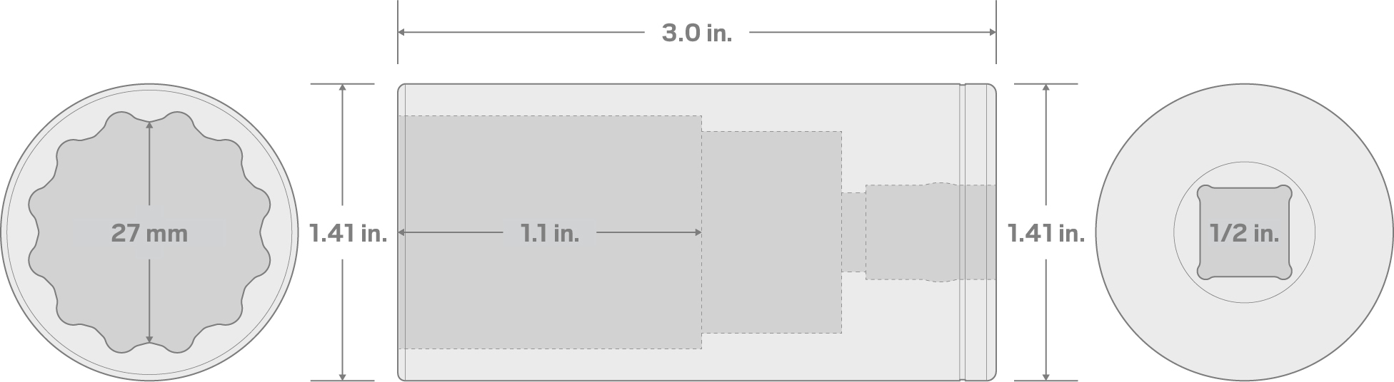 Specs for 1/2 Inch Drive x 27 mm Deep 12-Point Socket