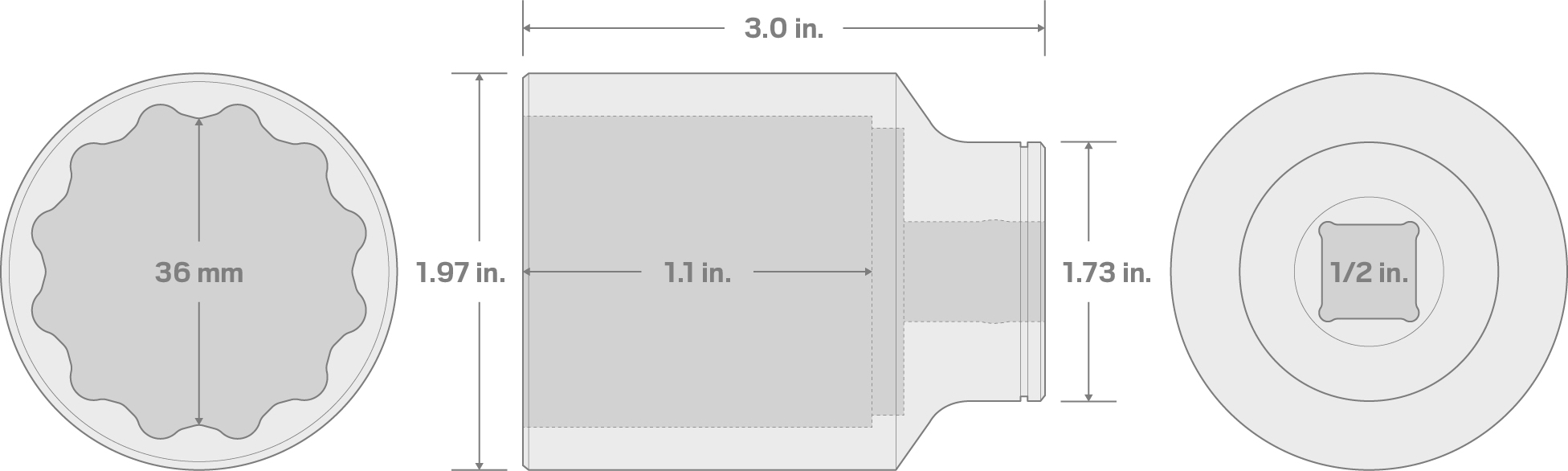 Specs for 1/2 Inch Drive x 36 mm Deep 12-Point Socket