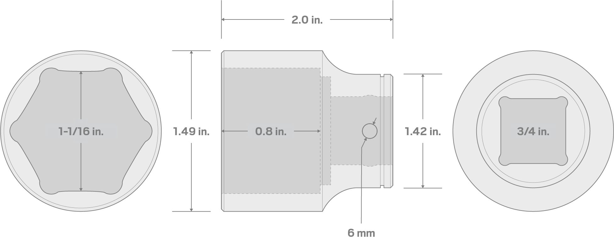 Specs for 3/4 Inch Drive x 1-1/16 Inch 6-Point Socket