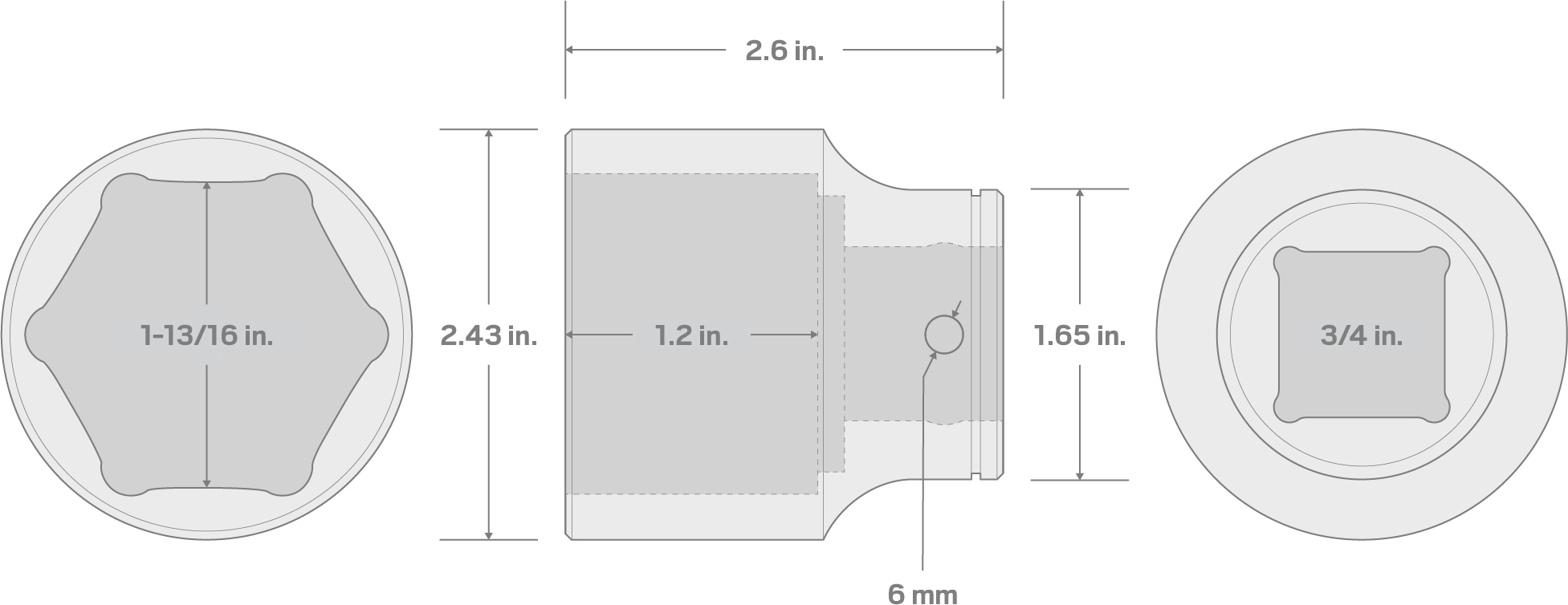 Specs for 3/4 Inch Drive x 1-13/16 Inch 6-Point Socket