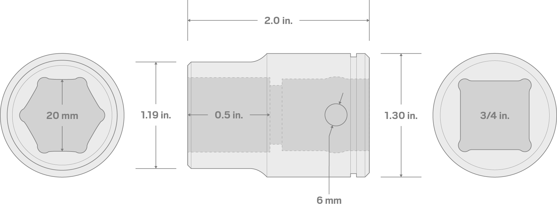 Specs for 3/4 Inch Drive x 20 mm 6-Point Socket