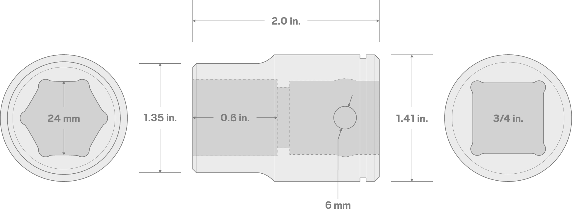 Specs for 3/4 Inch Drive x 24 mm 6-Point Socket