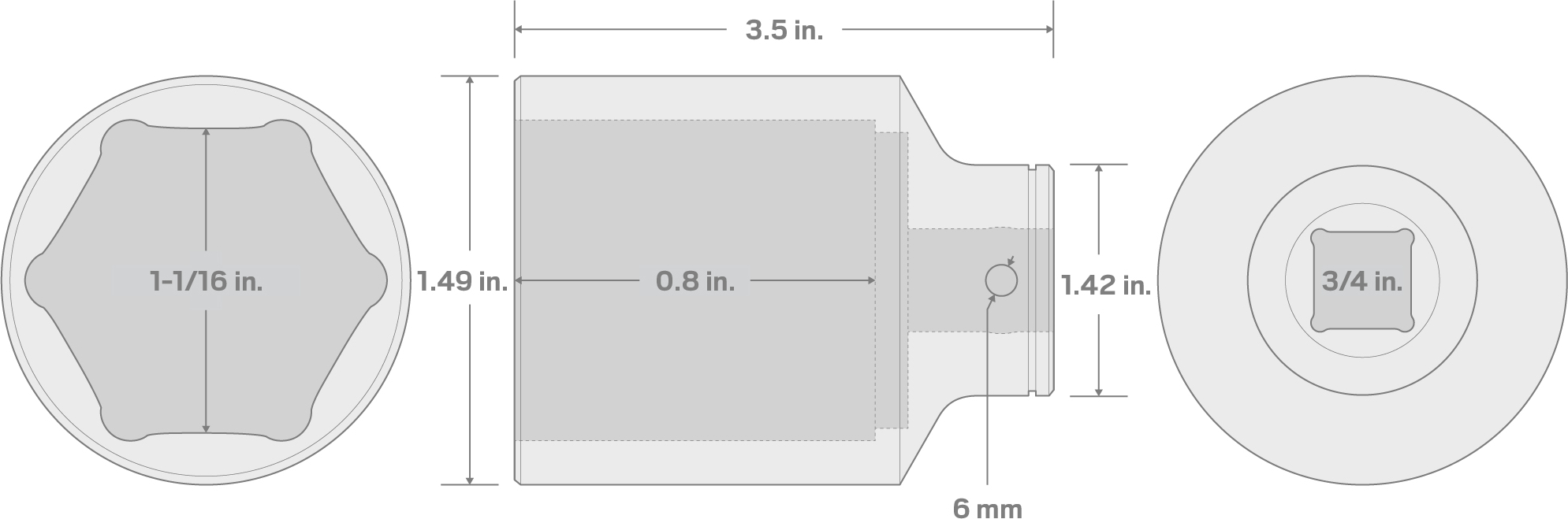 Specs for 3/4 Inch Drive x 1-1/16 Inch Deep 6-Point Socket