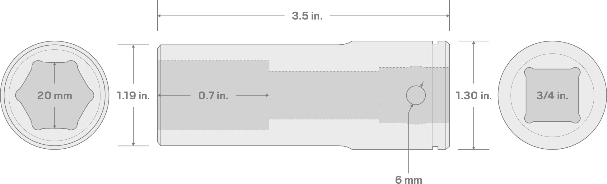 Specs for 3/4 Inch Drive x 20 mm Deep 6-Point Socket