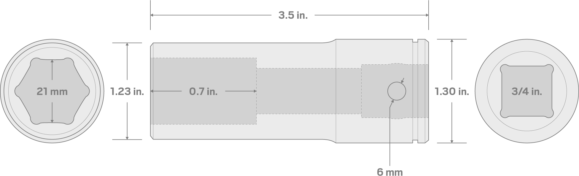 Specs for 3/4 Inch Drive x 21 mm Deep 6-Point Socket