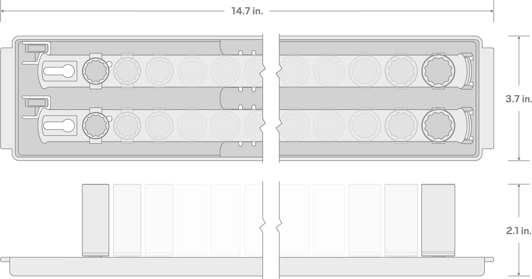 Specs for 1/4 Inch Drive Shallow, Semi-Deep, and Deep 12-Point Socket Set with Rails and Trays, 33-Piece (5/32 - 9/16 in.)