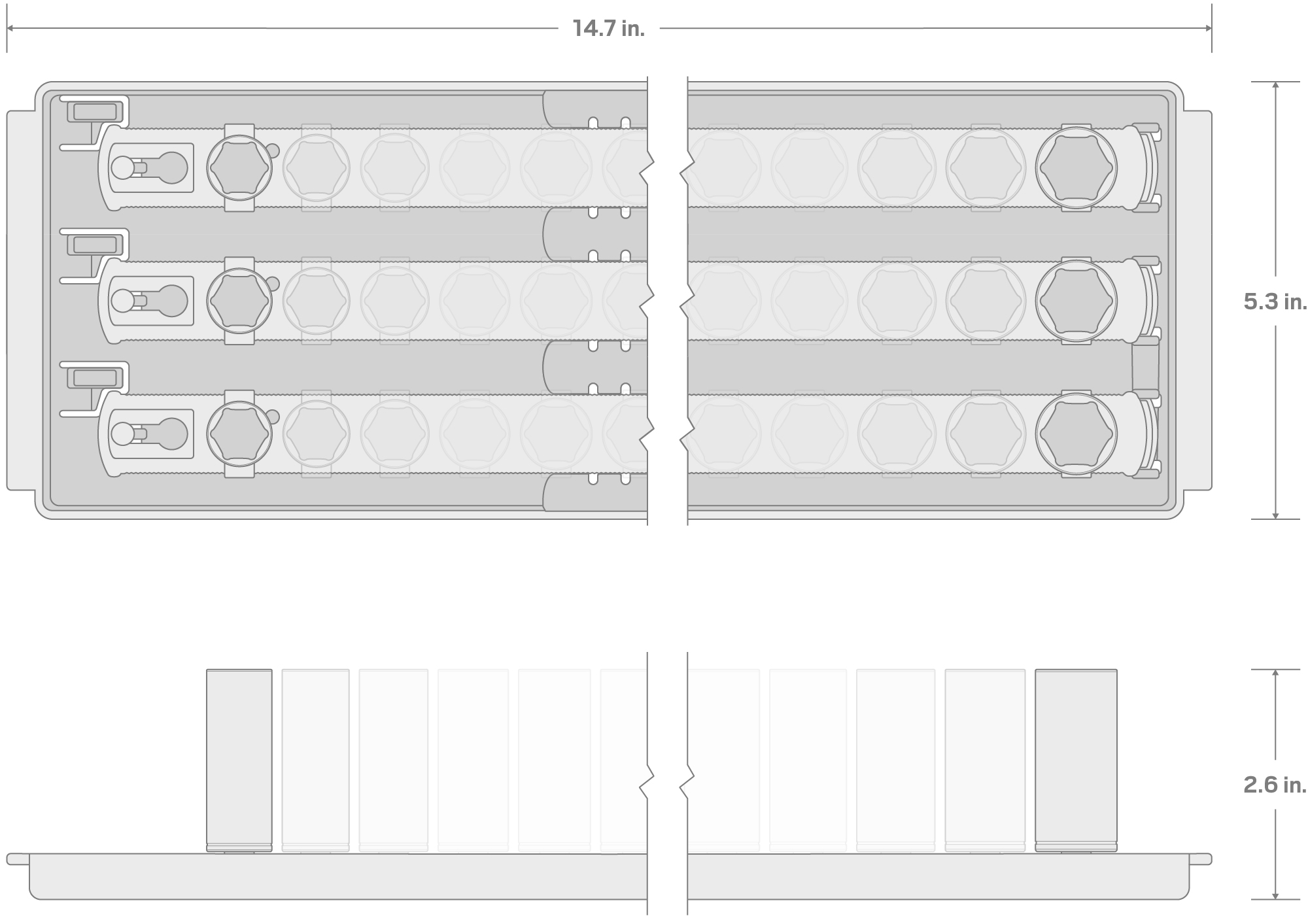 Specs for 1/4 Inch Drive Shallow, Semi-Deep, and Deep 6-Point Socket Set with Rails and Tray, 48-Piece (4 - 17 mm)