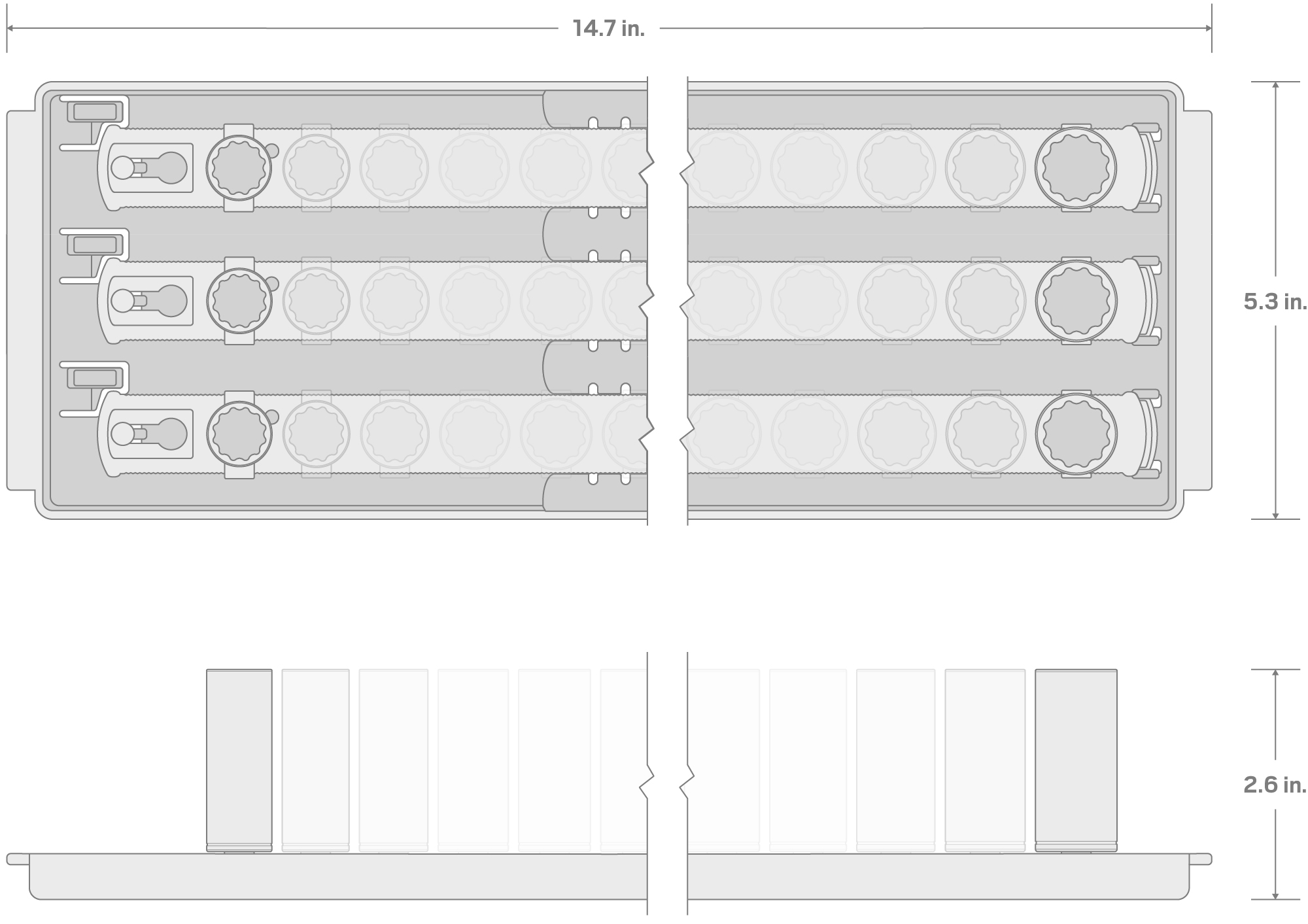 Specs for 1/4 Inch Drive Shallow, Semi-Deep, and Deep 12-Point Socket Set with Rails and Tray, 48-Piece (4 - 17 mm)