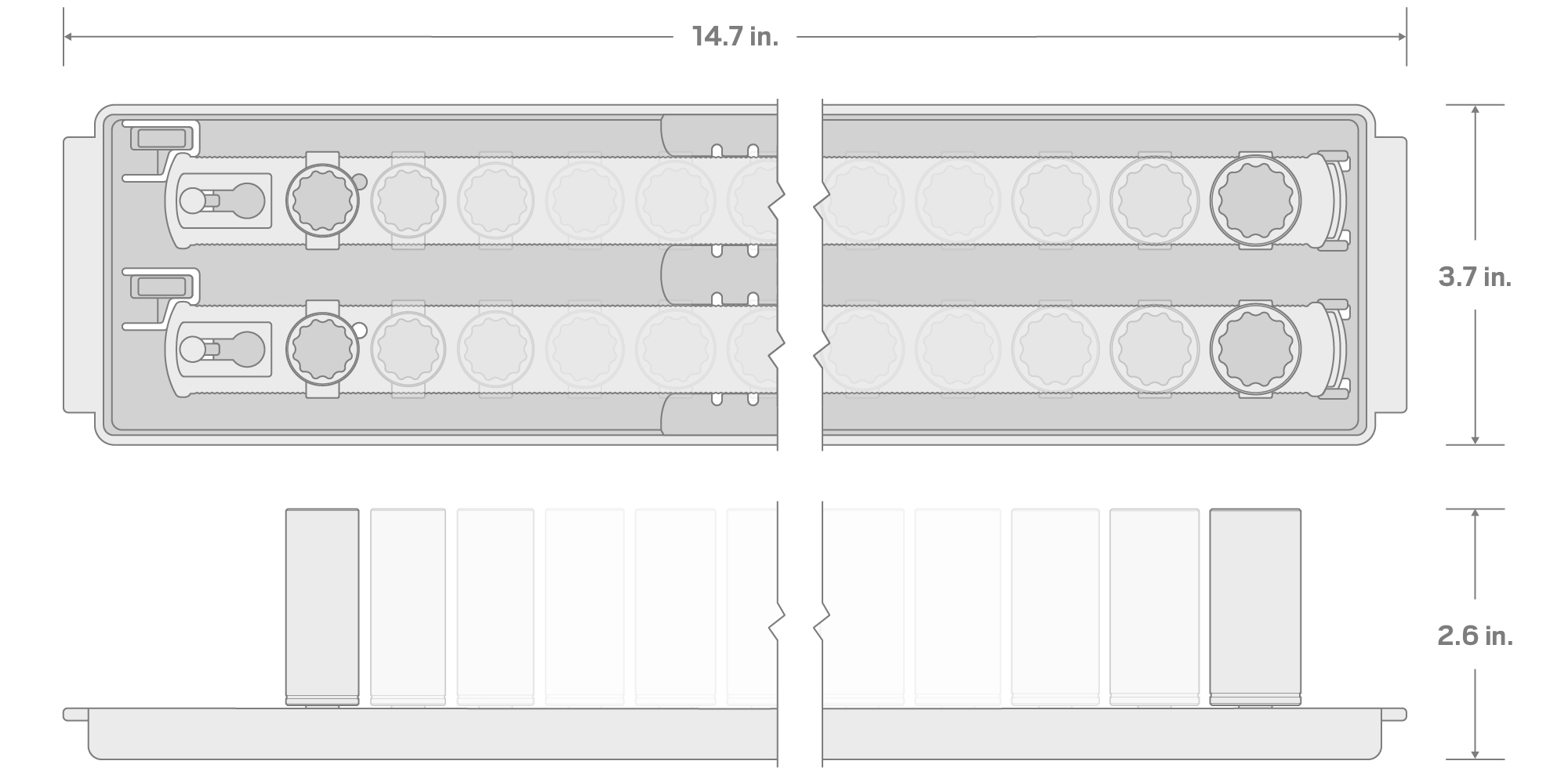 Specs for 1/4 Inch Drive Shallow and Deep 12-Point Socket Set with Rails and Tray, 26-Piece (5/32 - 11/16 in.)