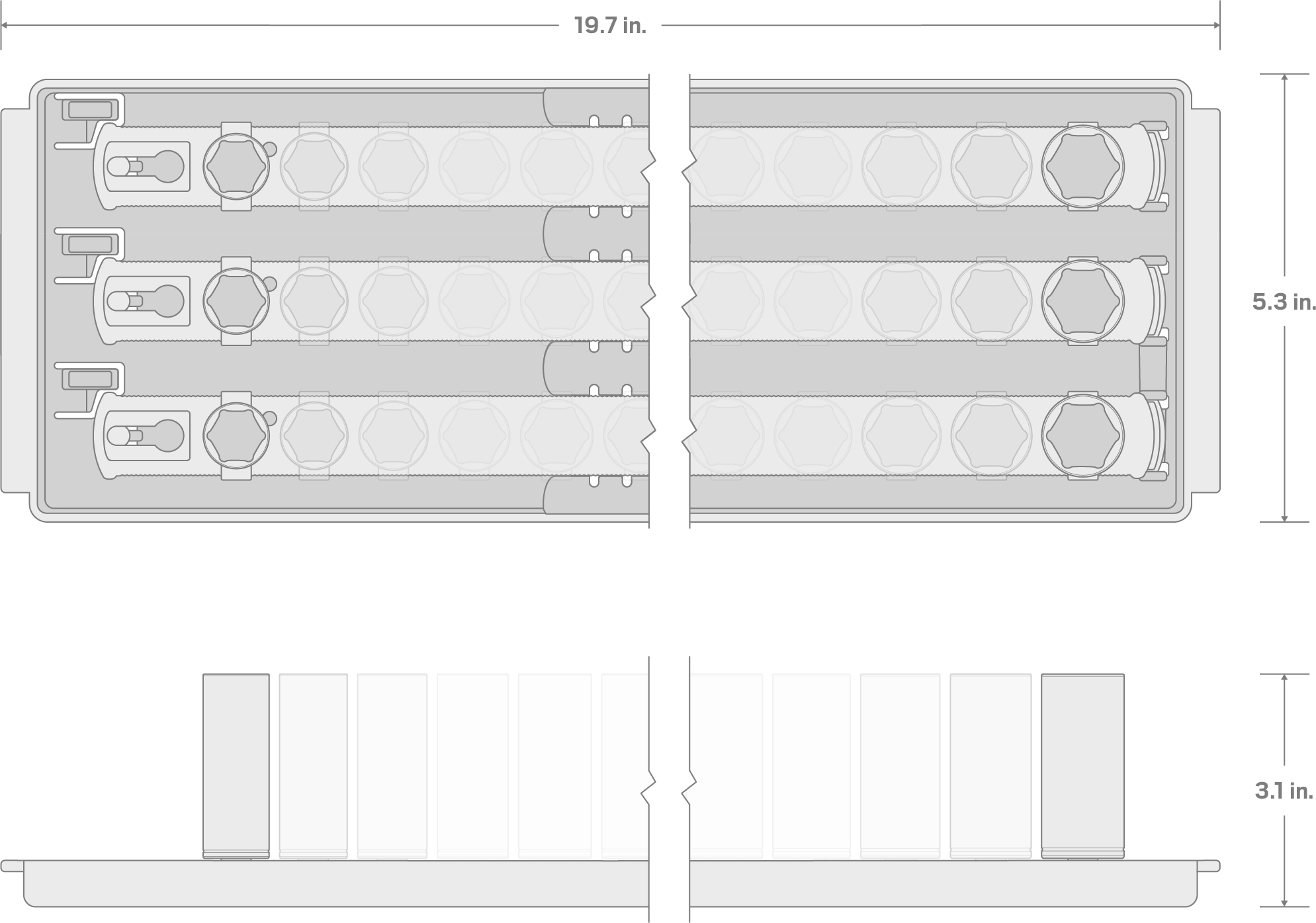 Specs for 3/8 Inch Drive Shallow, Semi-Deep, and Deep 6-Point Socket Set with Rails and Trays, 45-Piece (1/4 - 1 in.)