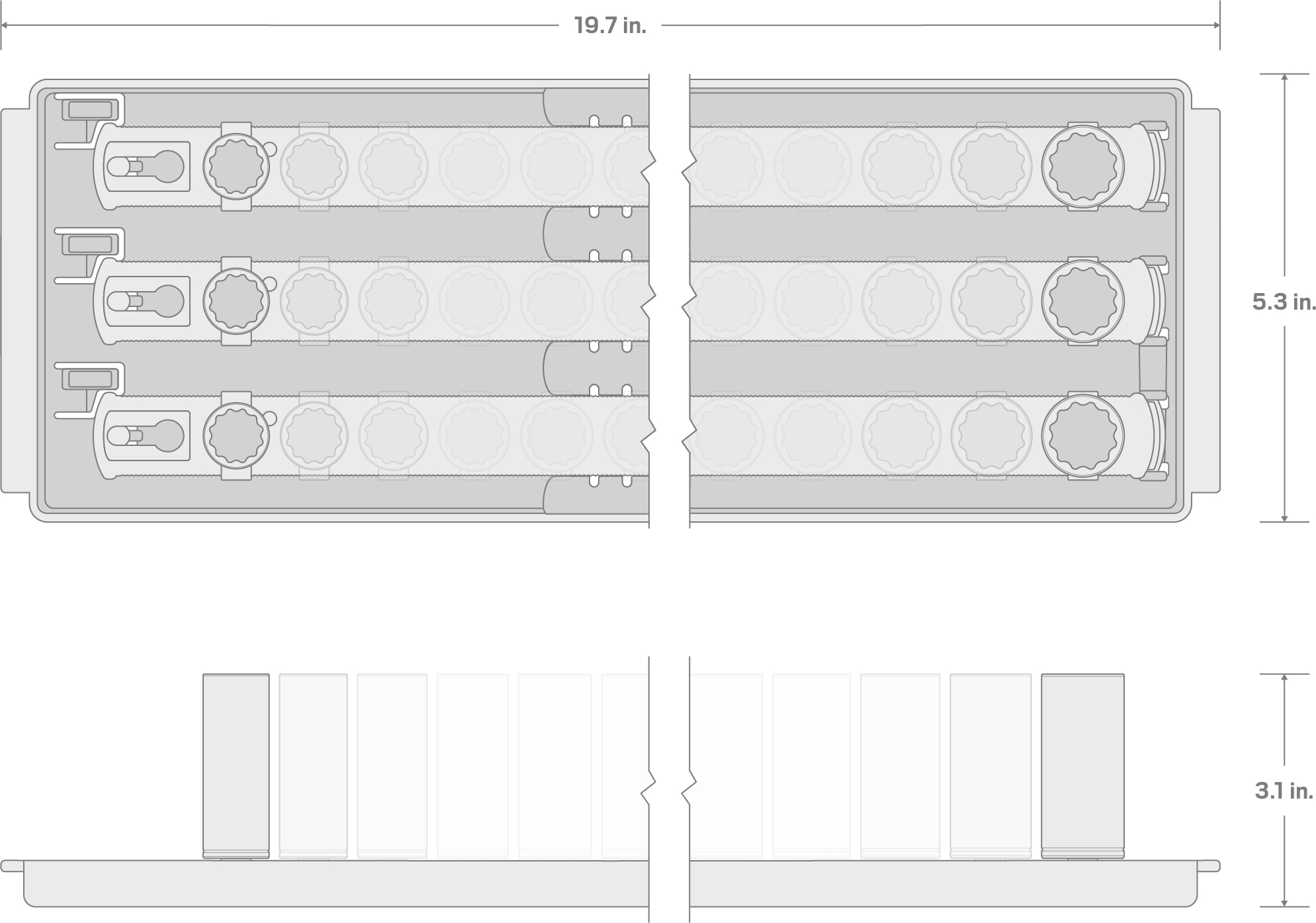 Specs for 3/8 Inch Drive Shallow, Semi-Deep, and Deep 12-Point Socket Set with Rails and Trays, 57-Piece (6 - 24 mm)