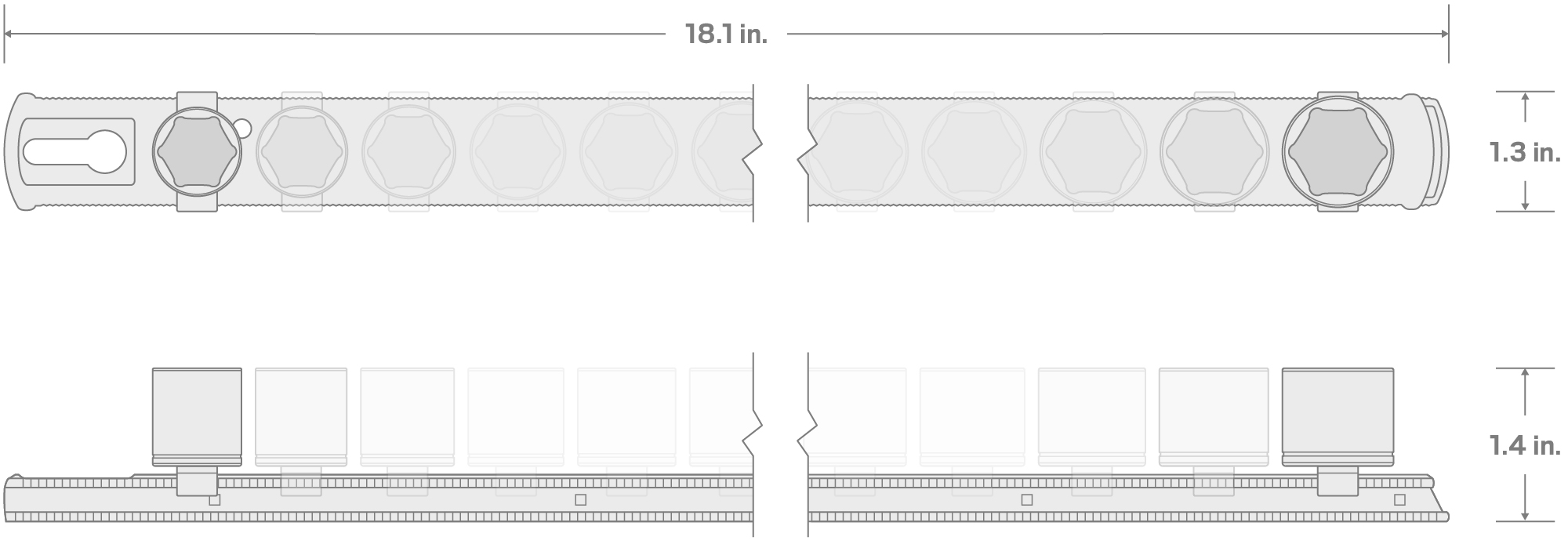 Specs for 3/8 Inch Drive Extra-Shallow 6-Point Socket Set with Rail, 15-Piece (1/4 - 1 in.)