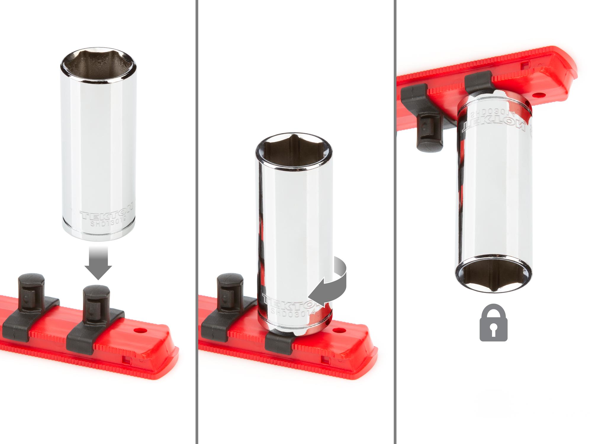 Includes: 5/16 - 3/4 inch (SAE), 8-19 mm (Metric) chrome 6-point deep sockets. No skipped sizes. Comes with rail and tray storage. SHD91203.