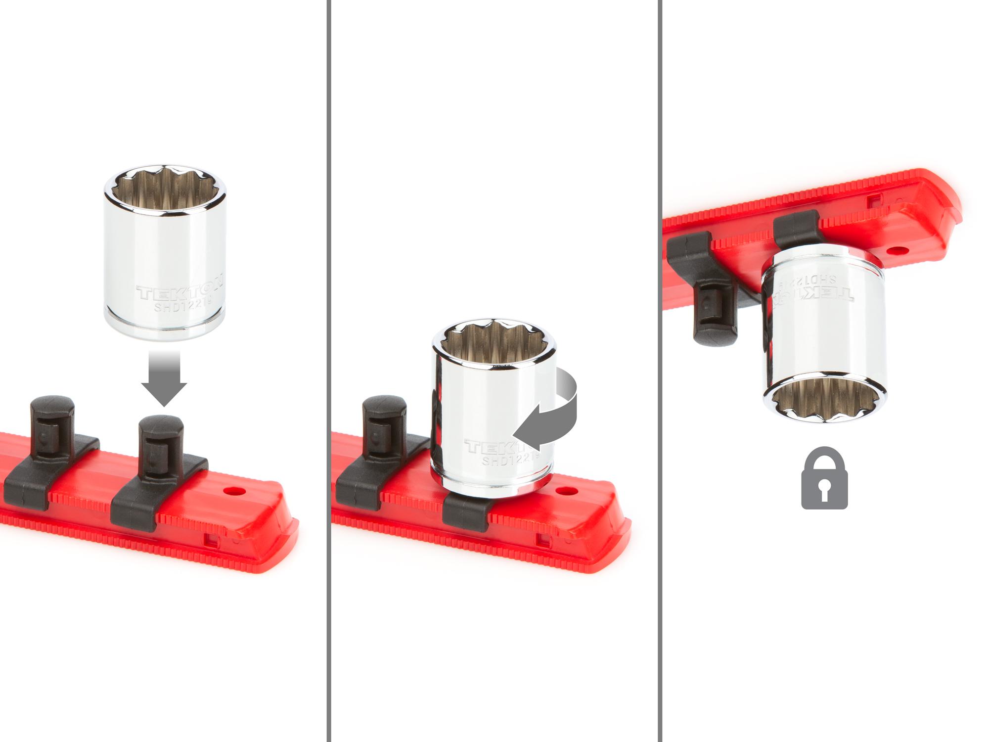 Includes: 1/4 - 1 inch (SAE), 6 - 24 mm (Metric) chrome 12-point standard-length sockets. No skipped sizes. Comes with rail and tray storage. SHD91206.