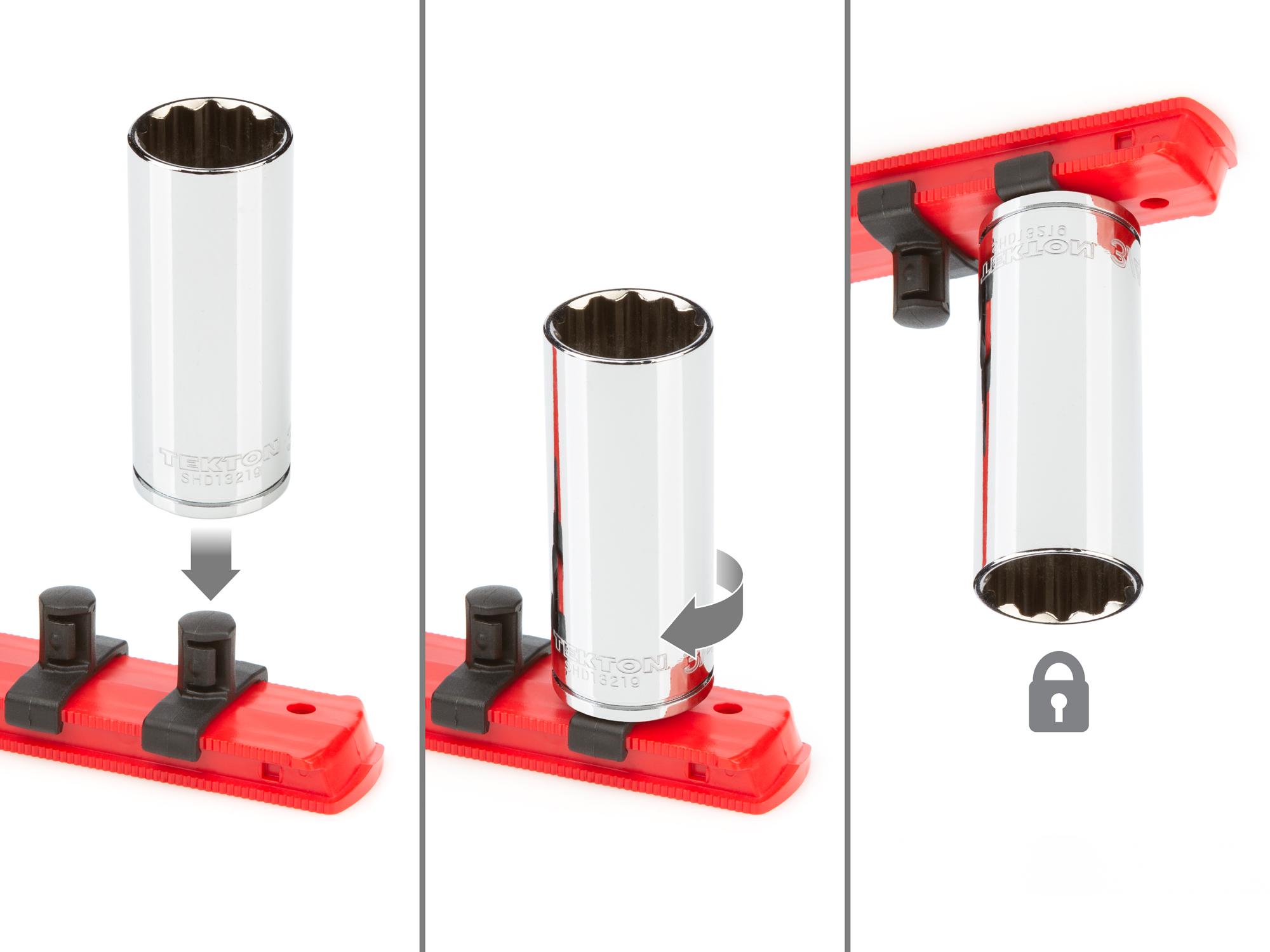 Includes: 1/4 - 1 inch (SAE), 6 - 24 mm (Metric) chrome 12-point deep sockets. No skipped sizes. Comes with rail and tray storage. SHD91208.