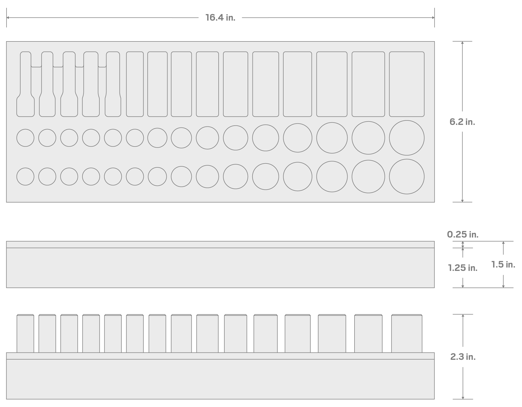 Specs for 3/8 Inch Drive Shallow, Semi-Deep, and Deep 12-Point Socket Set with 16 x 6 Inch Foam Organizer, 45-Piece (1/4 - 1 in..)