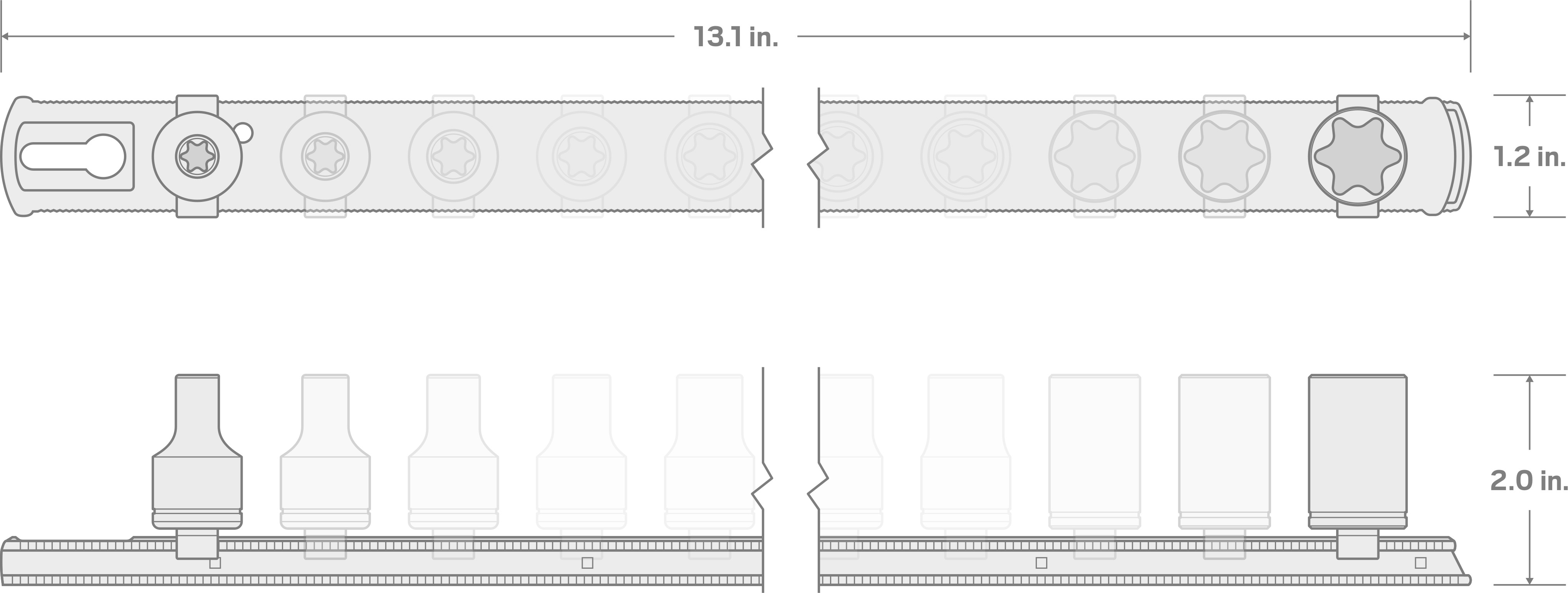 Specs for 1/2 Inch Drive External Star Socket Set with Rail, 10-Piece (E8-E24)