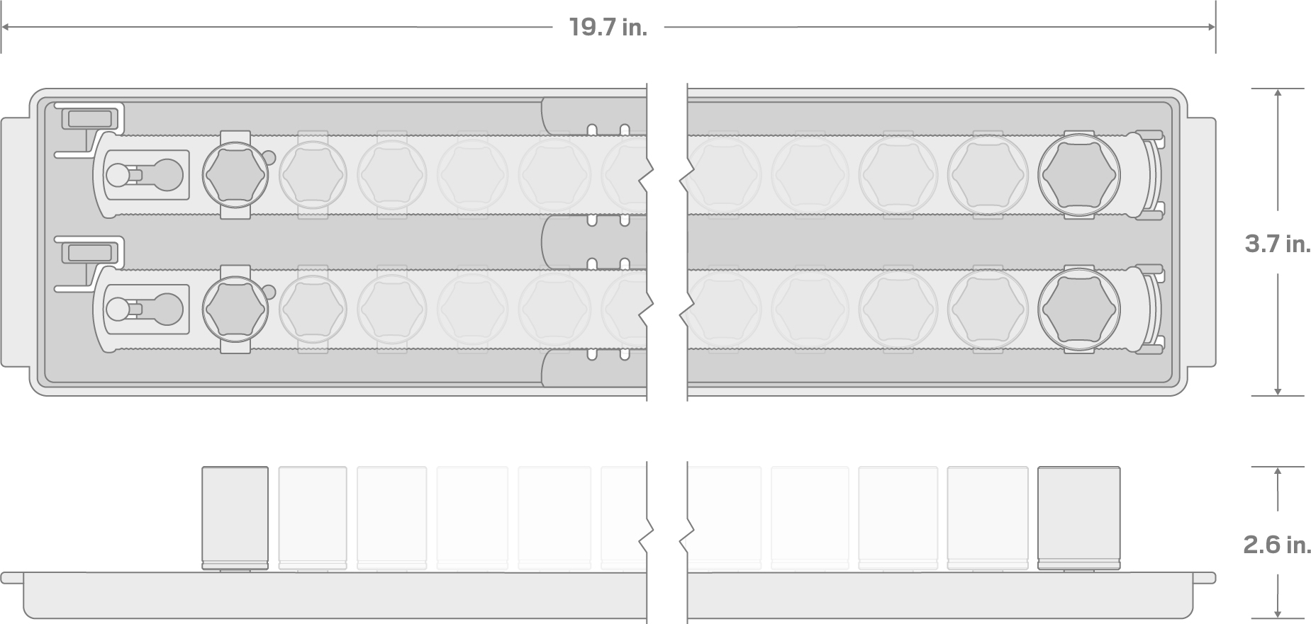 Specs for 1/2 Inch Drive 6-Point Socket Set with Rails and Tray, 19-Piece (3/8 - 1-1/2 in.)