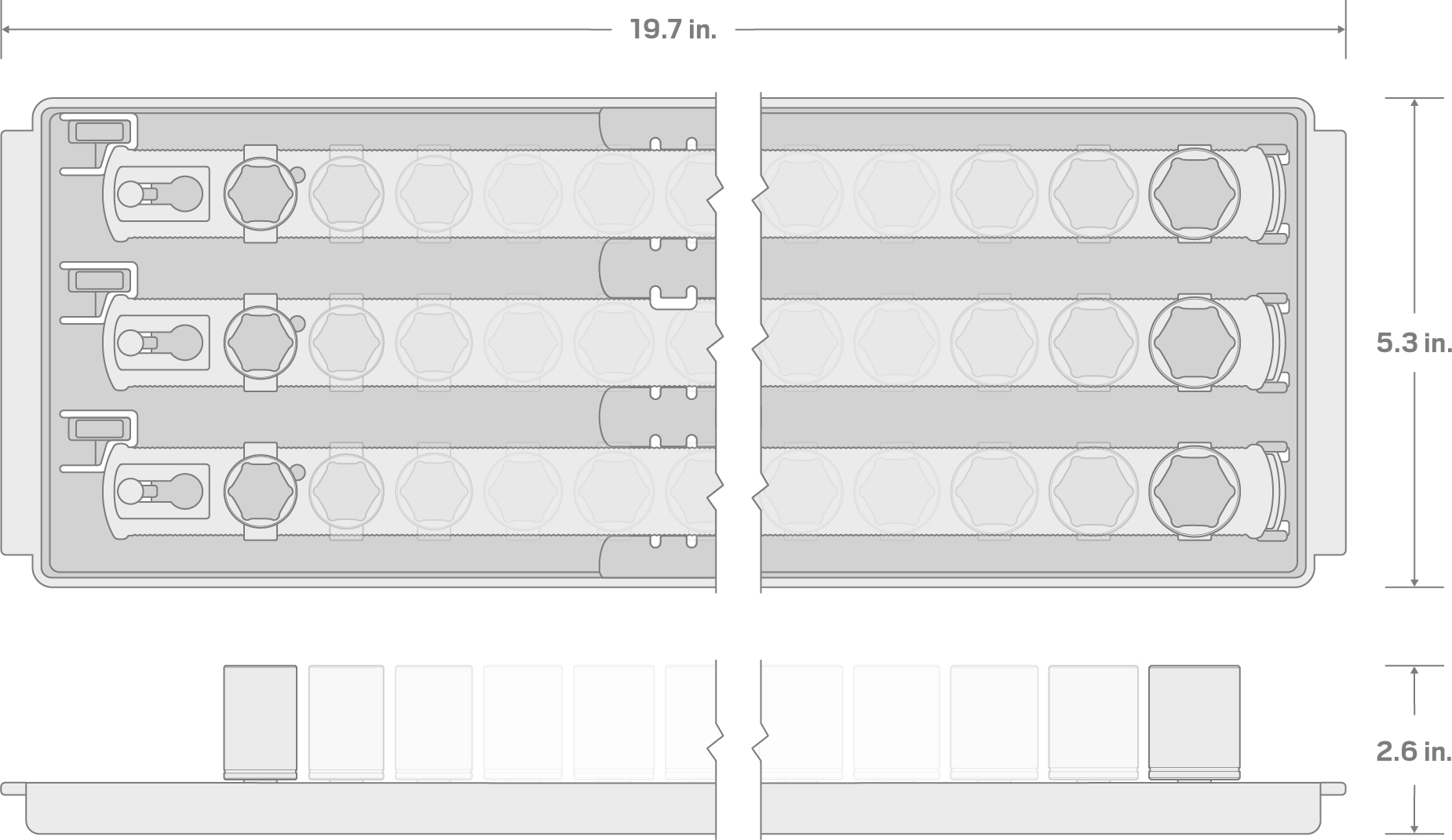 Specs for 1/2 Inch Drive 6-Point Socket Set with Rails and Tray, 29-Piece (10-38 mm)