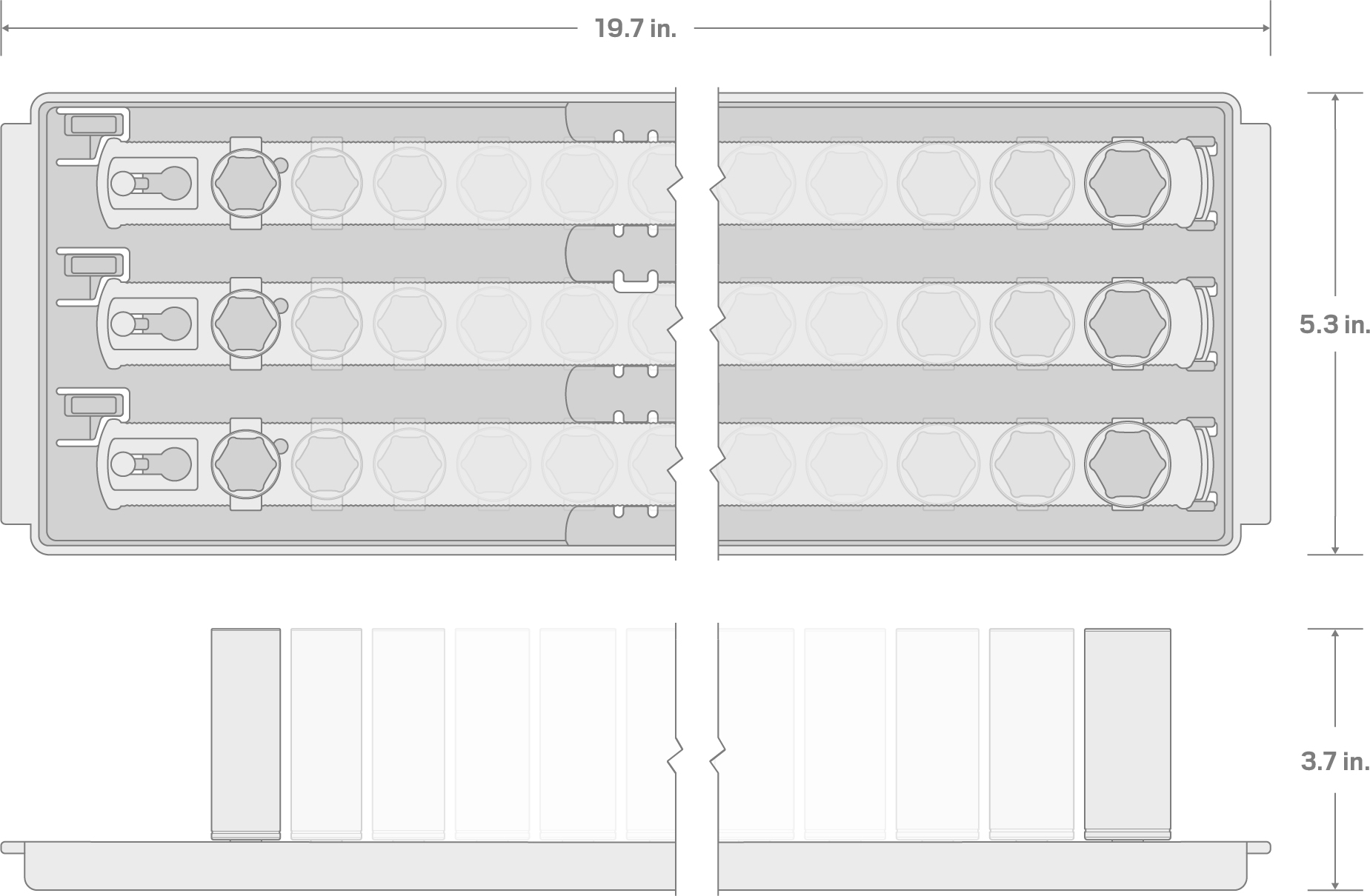 Specs for 1/2 Inch Drive Deep 6-Point Socket Set with Rails and Tray, 29-Piece (10-38 mm)