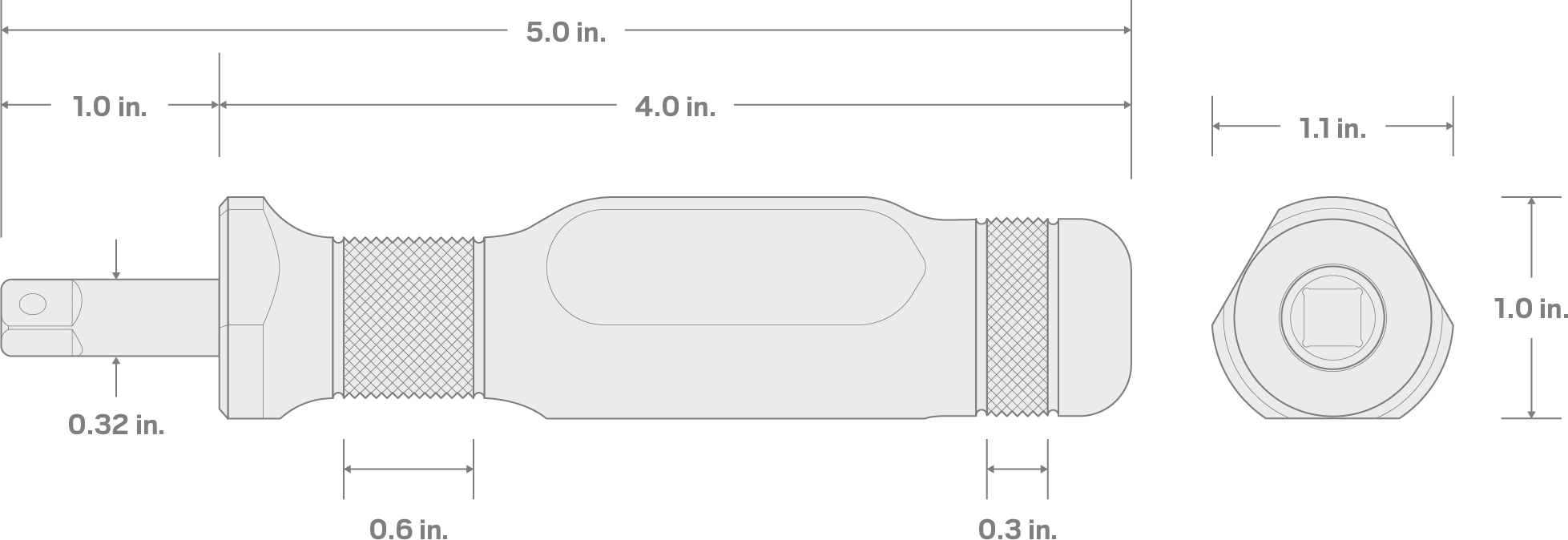 Specs for 1/4 Inch Drive x 5 Inch Aluminum Spinner Handle (1 Inch Shank)