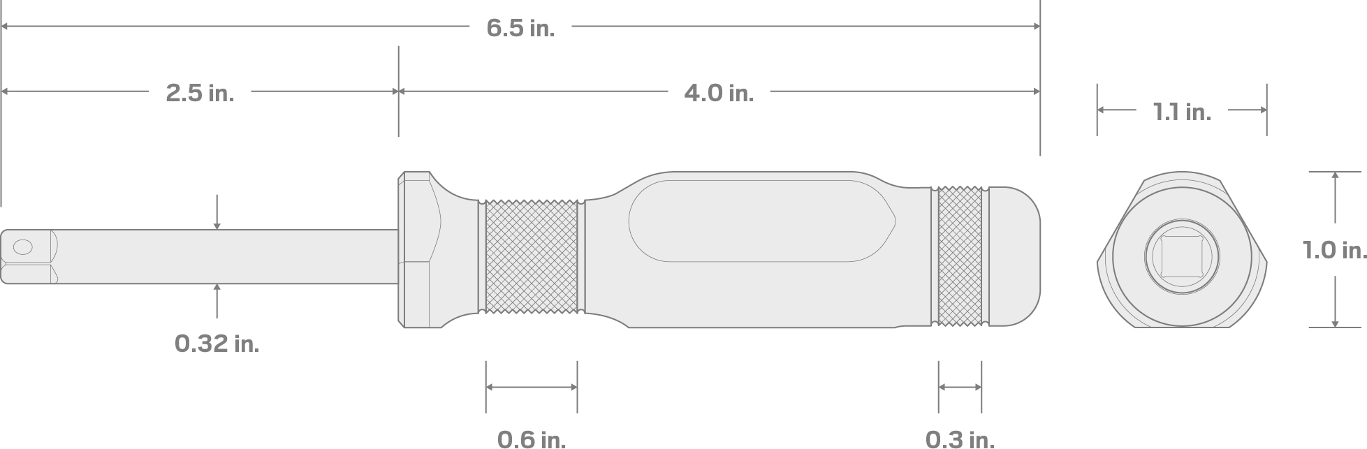 Specs for 1/4 Inch Drive x 6.5 Inch Aluminum Spinner Handle (2.5 Inch Shank)