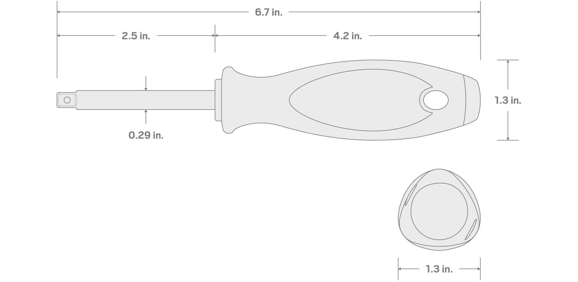 Specs for 1/4 Inch Drive x 6.7 Inch Spinner Handle (2.5 Inch Shank)