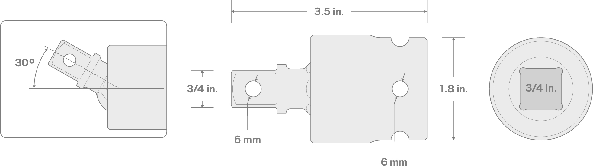 Specs for 3/4 Inch Drive Impact Universal Joint (Through Hole)