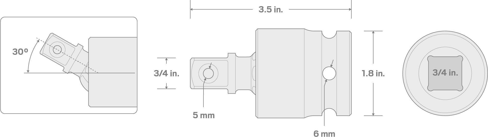 Specs for 3/4 Inch Drive Impact Universal Joint (Pin Detent)