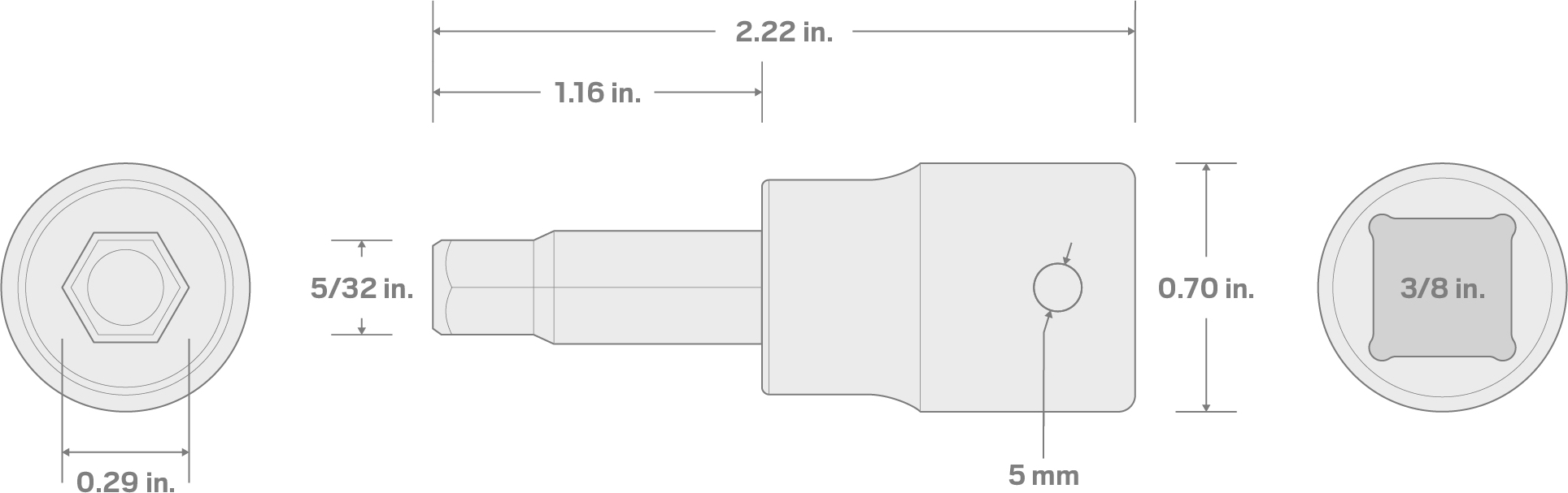 Specs for 3/8 Inch Drive x 5/32 Inch Hex Impact Bit Socket