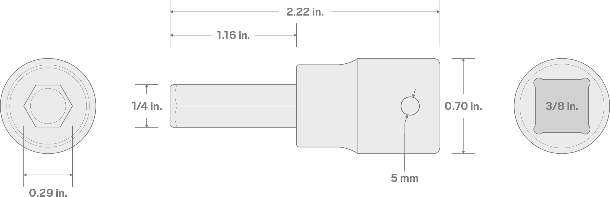 Specs for 3/8 Inch Drive x 1/4 Inch Hex Impact Bit Socket