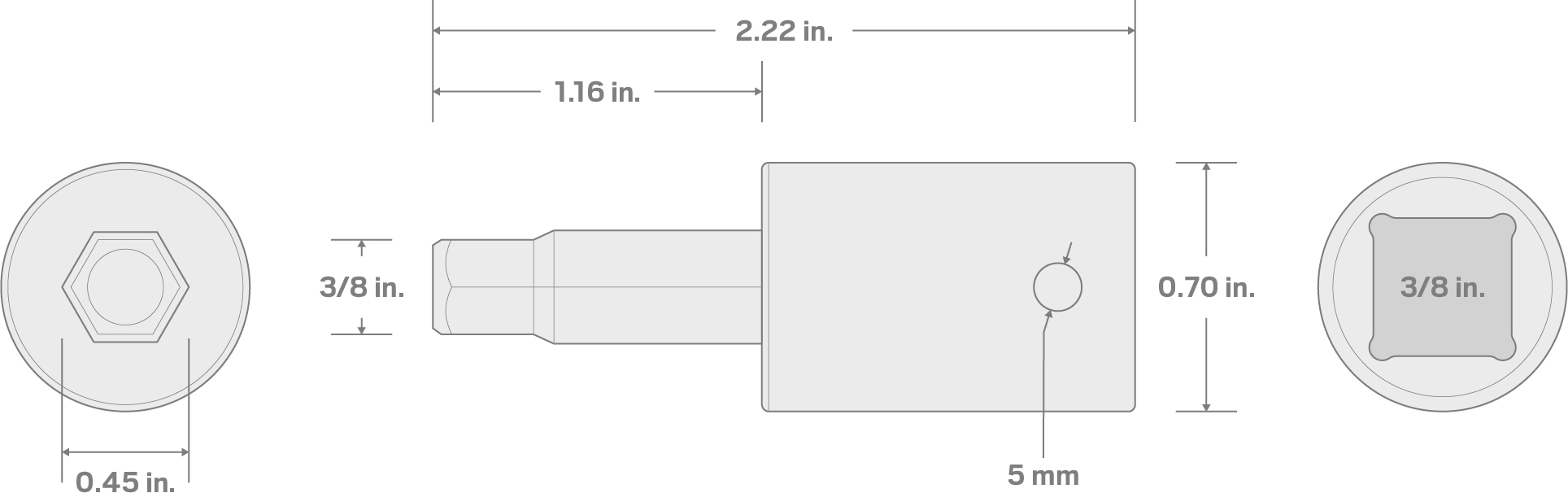 Specs for 3/8 Inch Drive x 3/8 Inch Hex Impact Bit Socket